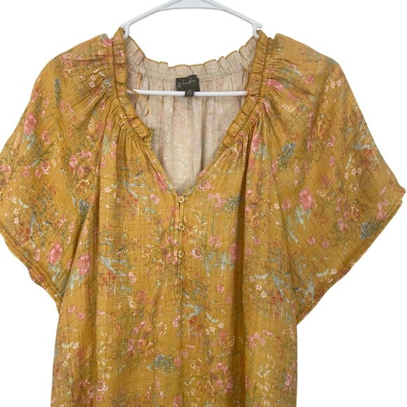Wonderly Womens Mustard Yellow Boho Floral Blouse Size XL Short Ruffle V Neck - Picture 2 of 11